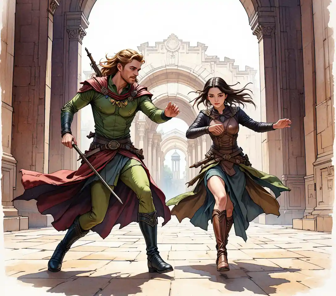 Elf warrior and woman fighter in dramatic stone corridor
