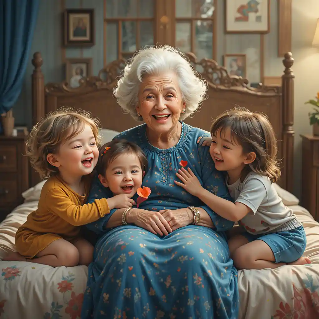 Abuela abrazando con alegría a sus nietos juguetones