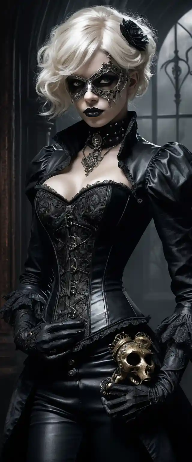 Donna dai capelli scuri mascherata che tiene in mano un rospo steampunk