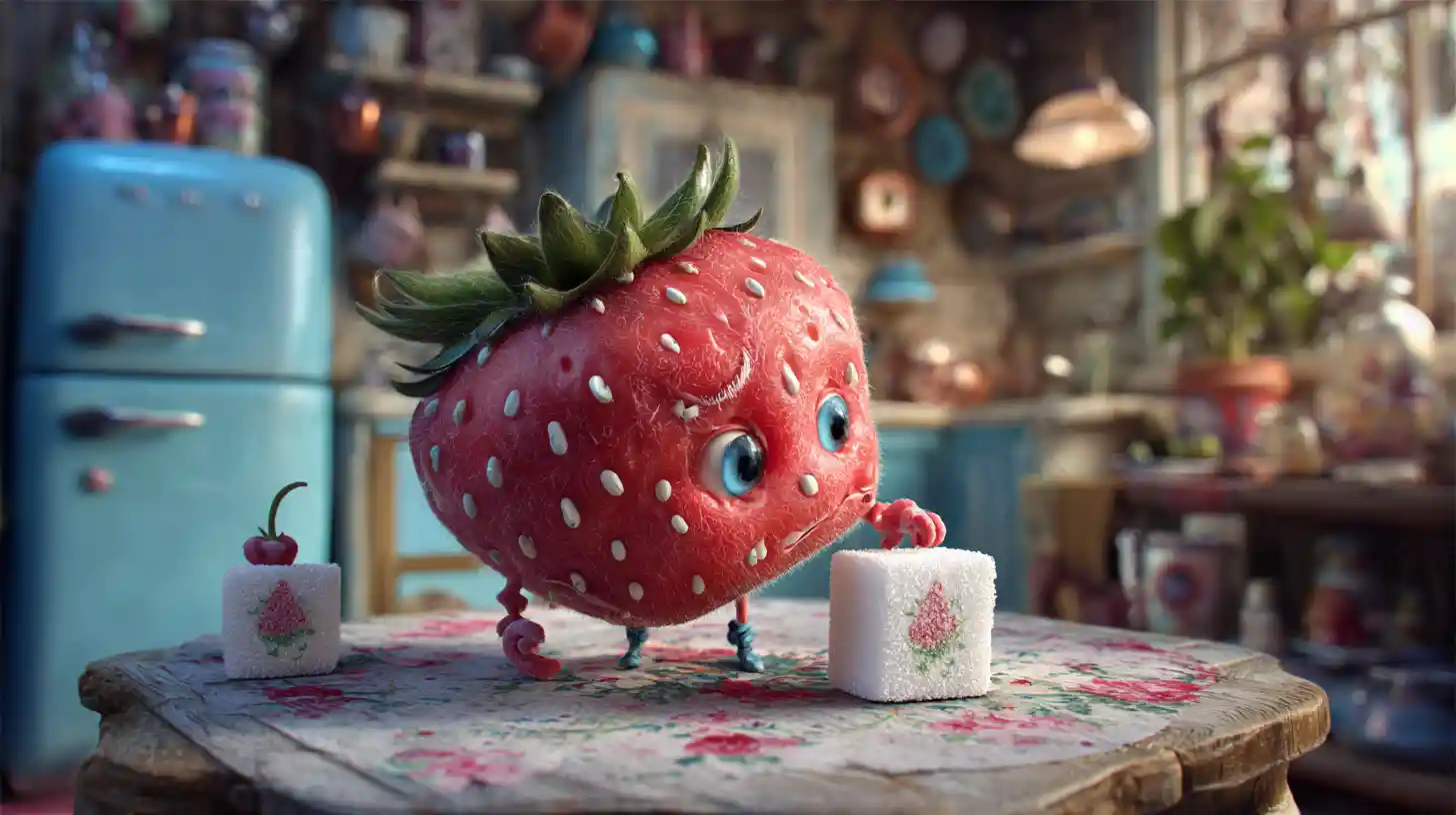 Whimsical Strawberry Eating Sugar In A Vintage Kitchen