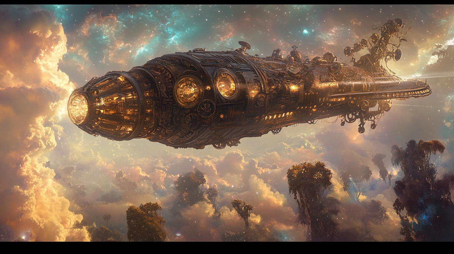 Steampunk airship above a bizarre alien jungle sky