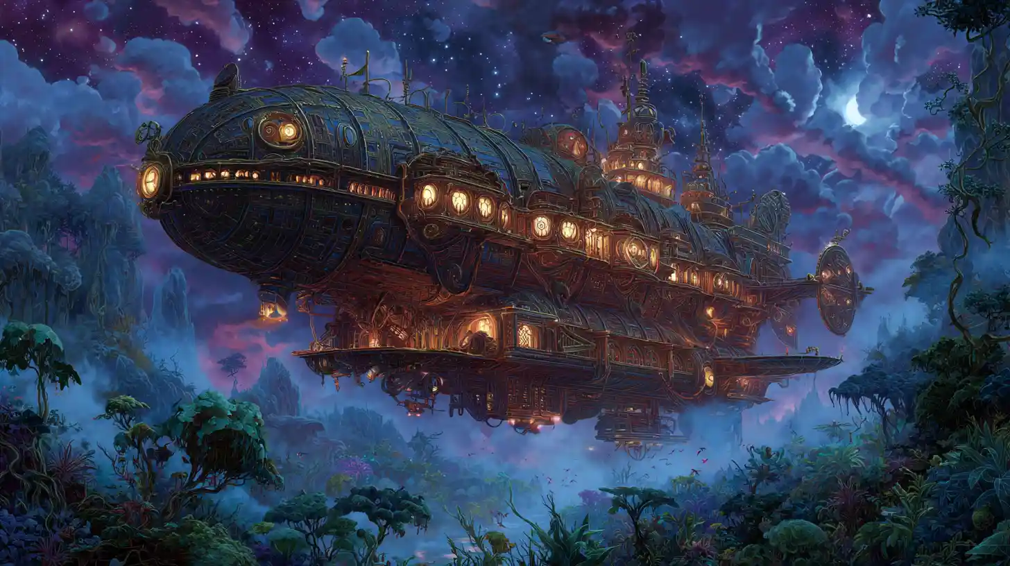 Steampunk airship soaring above a surreal alien jungle
