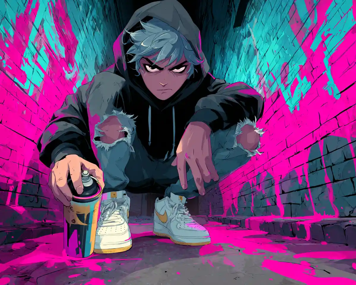 Anime graffiti artist painting a neon cat in alley