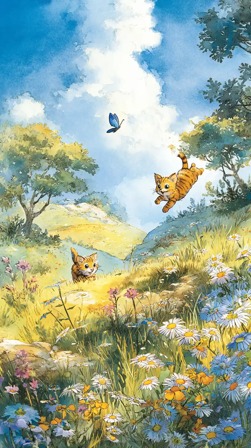 Playful kittens chasing a blue butterfly in sunny meadow