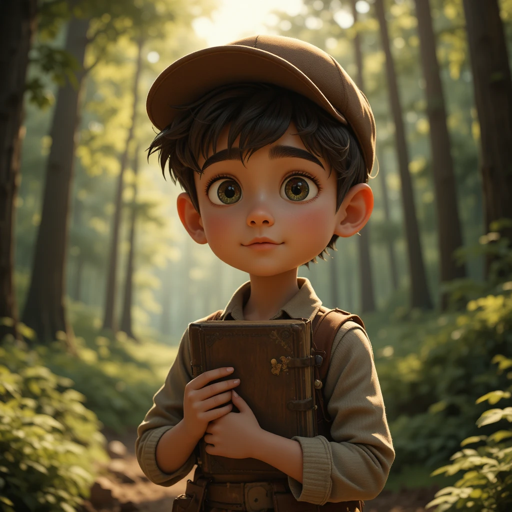 Niño pensativo al borde del bosque sosteniendo un libro antiguo