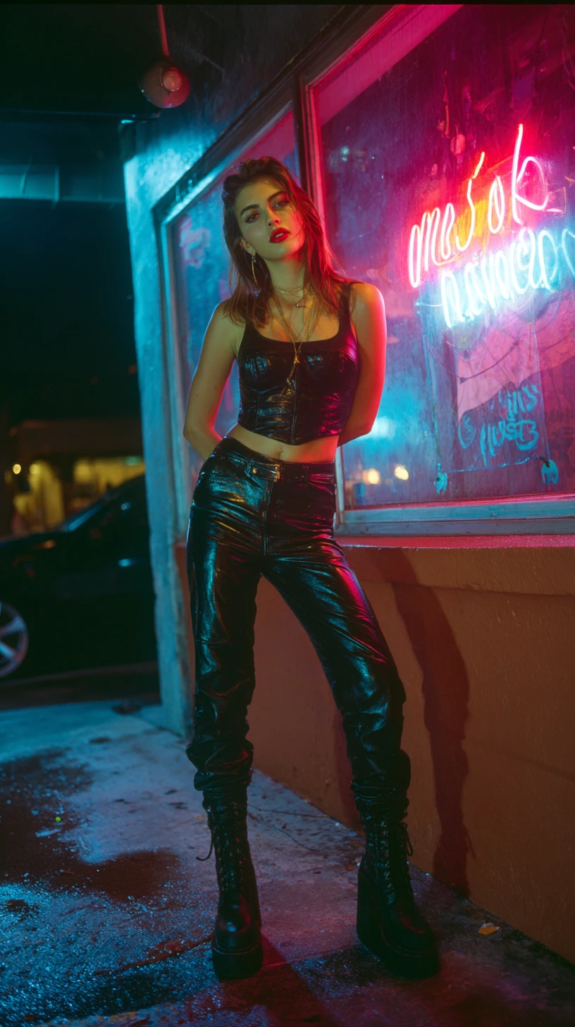 Woman in neon light on wet city street at night