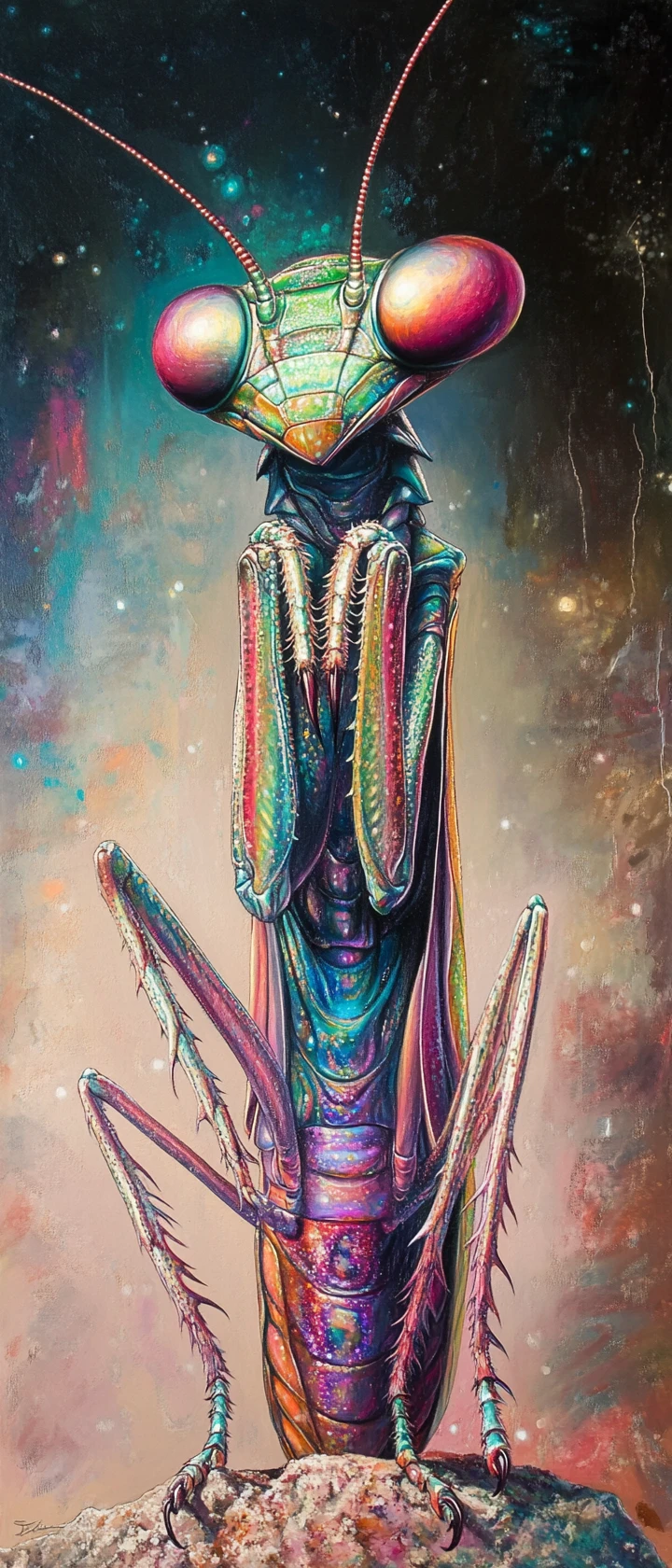 Contemplative Fantasy Mantis In A Colorful Shimmering World