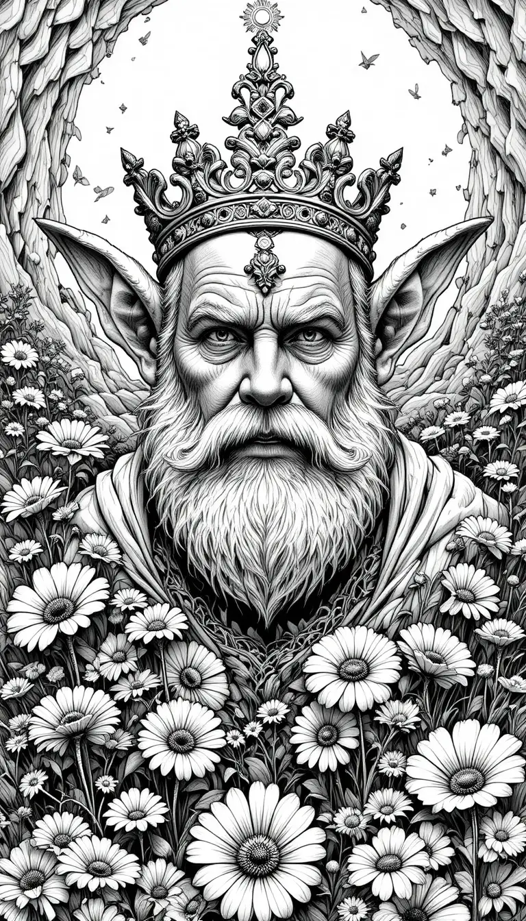 Bearded old man in a crown amid detailed flowers