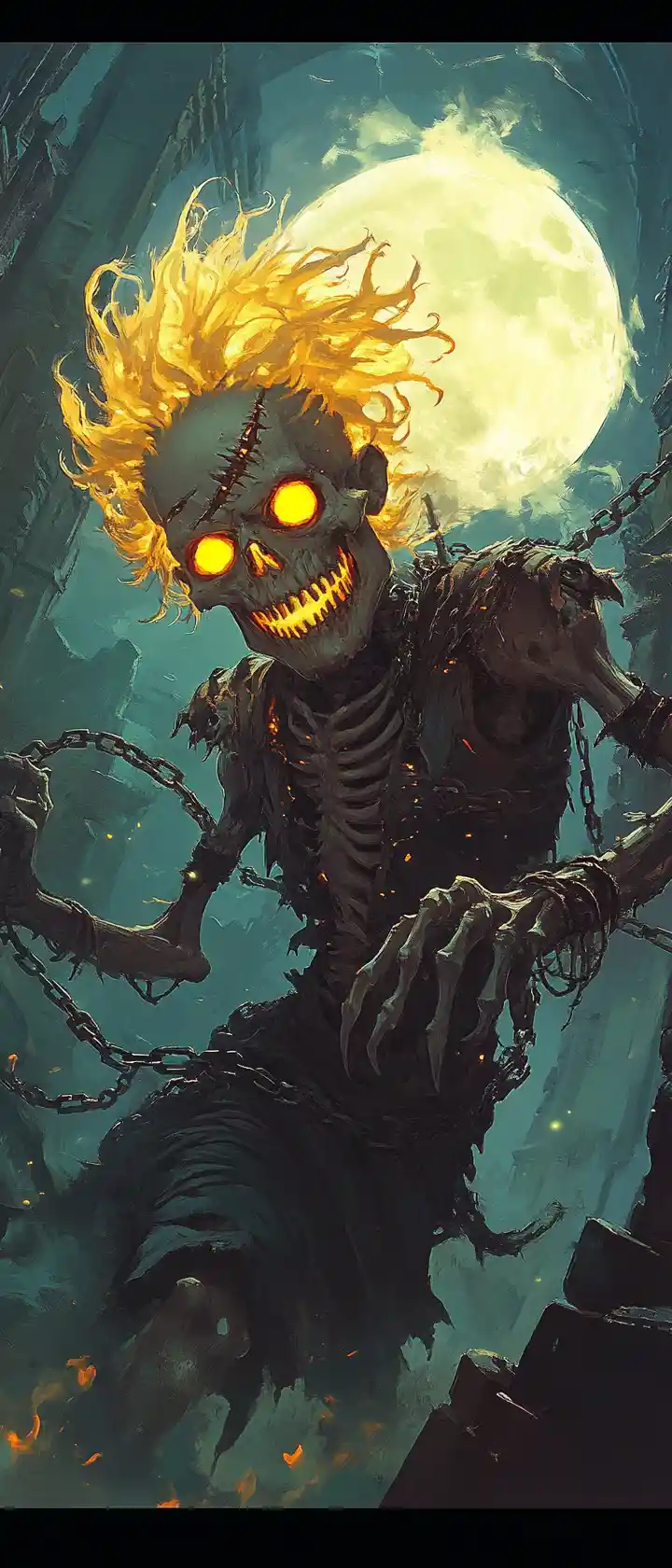 Crimson Skull Warrior In Chains Before Gothic Ruins
