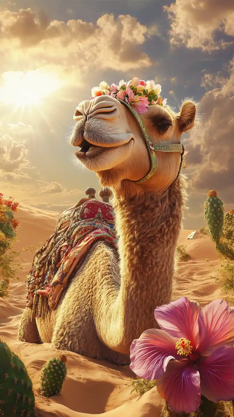 Smiling camel with credit card in sunny desert scene