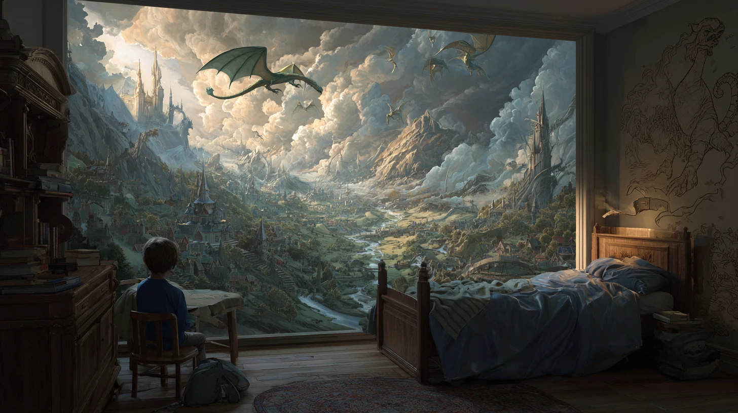 Enfant endormi dans une chambre ouverte sur un monde magique de fantaisie