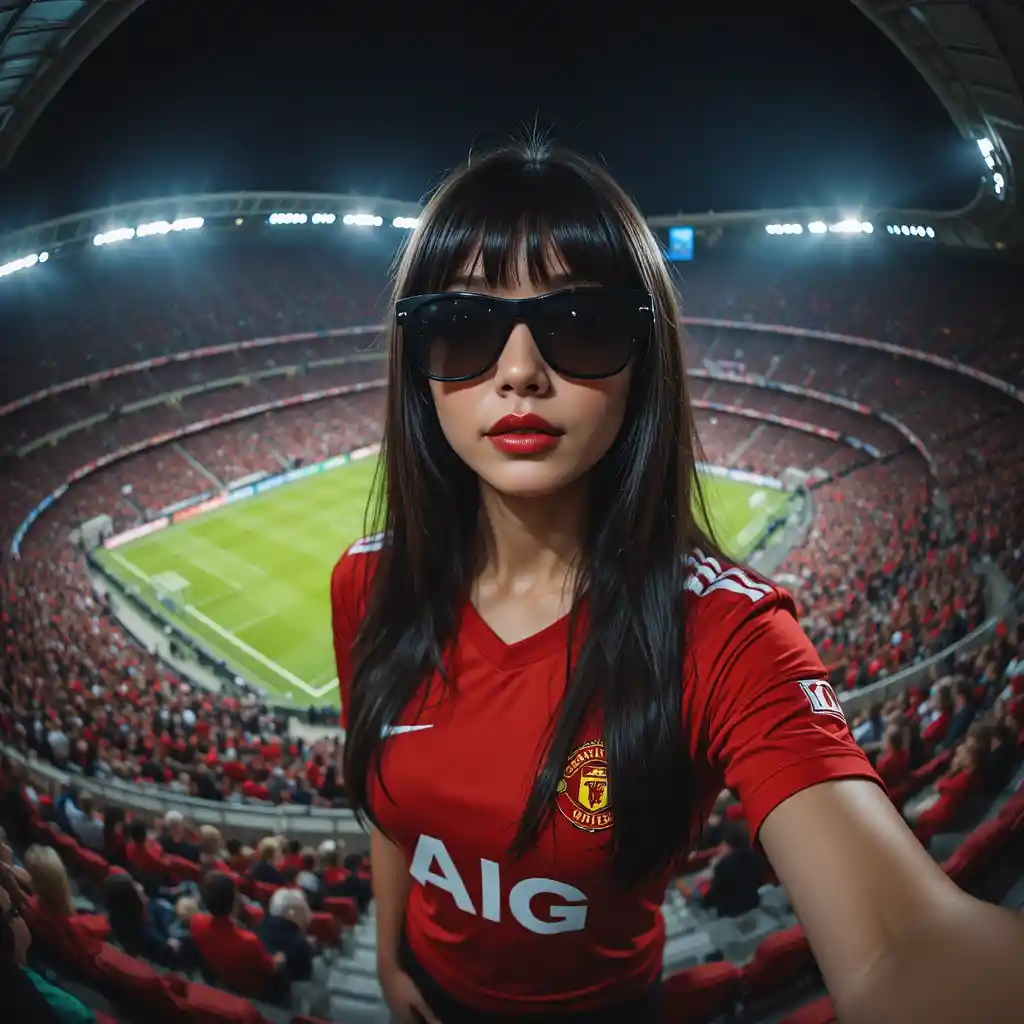 Stylish woman in red jersey at night football stadium