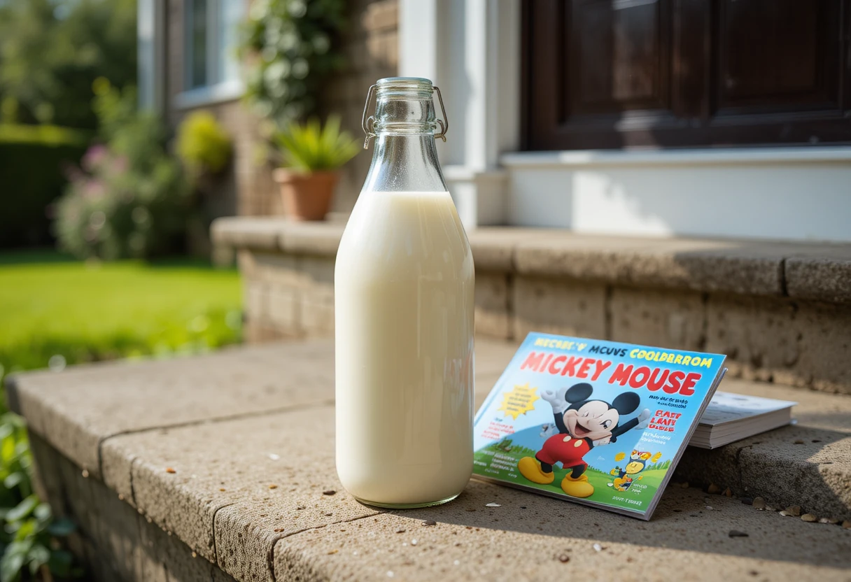 Botella de leche y revista infantil en un soleado umbral