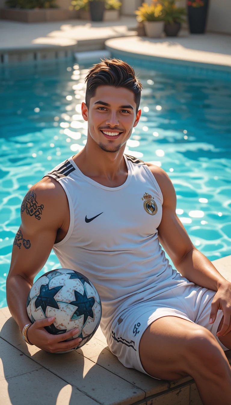 Fußballspieler entspannt sich mit Ball an einem hellen Pool