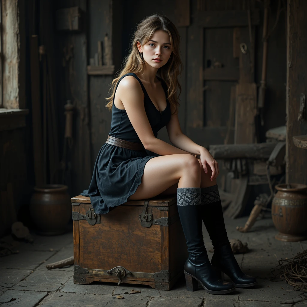 Focused woman seated on wooden box in warm fantasy scene