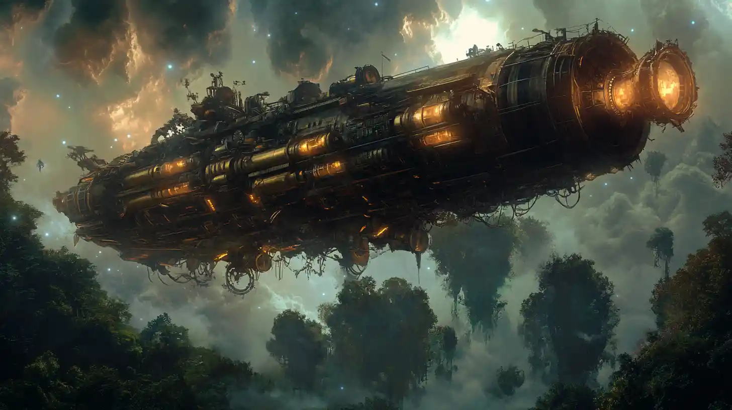 Steampunk airship above a glowing alien jungle sky