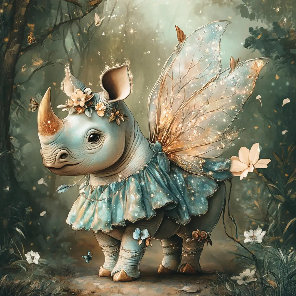Cute rhinoceros fairy in a magical enchanted forest
