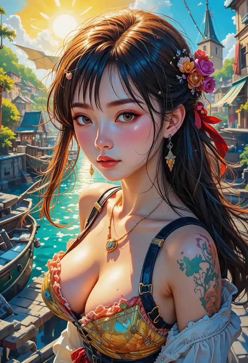 Portrait d’une fille pirate en style anime dans un port ensoleillé