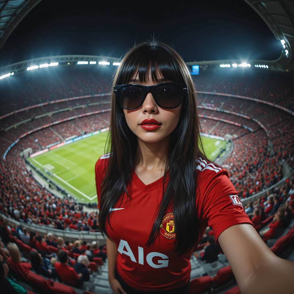 Stylish woman in red jersey at night football stadium