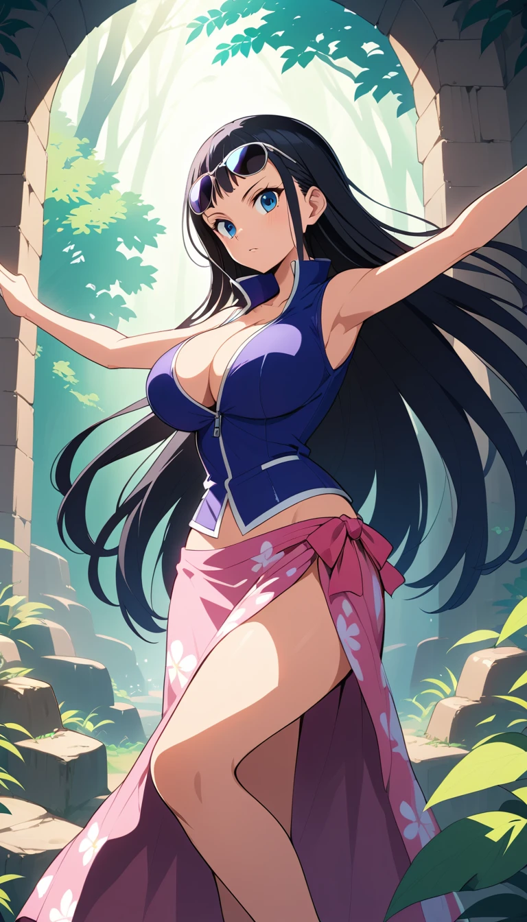 Mulher de anime usando vários braços em ruínas antigas