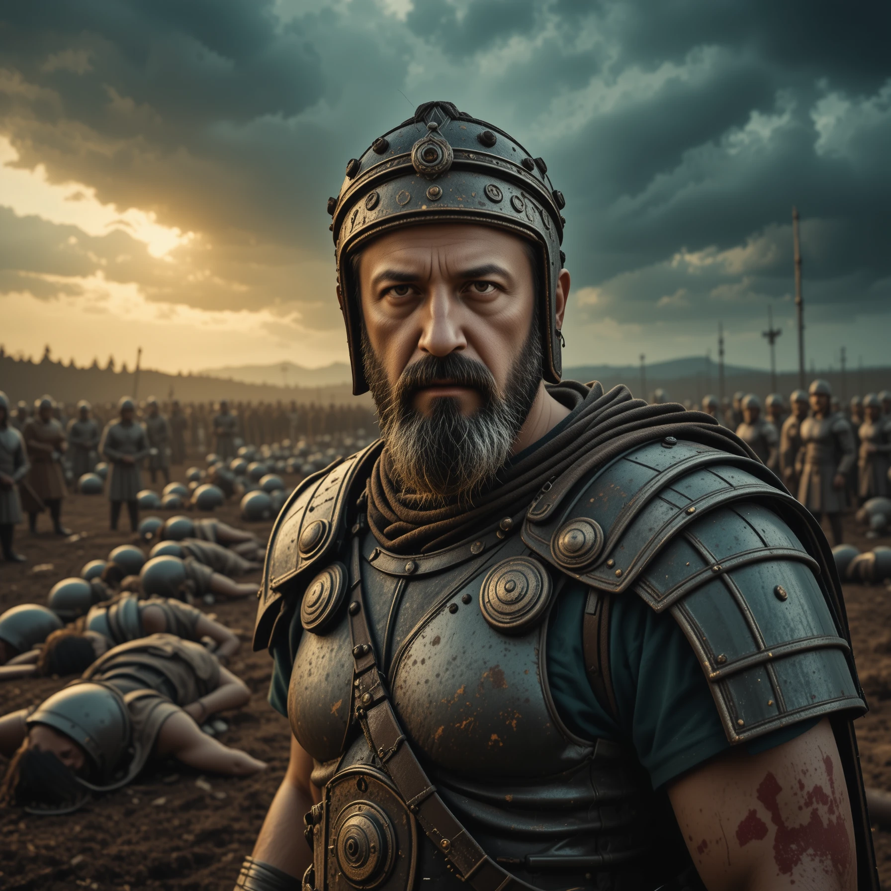 Roman legionary standing on a devastated celtic battlefield