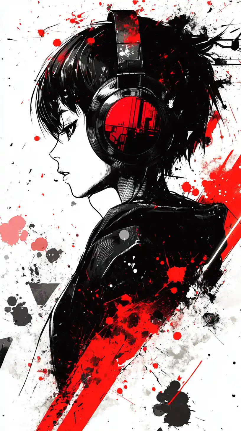 Anime girl with headphones lost in intense music