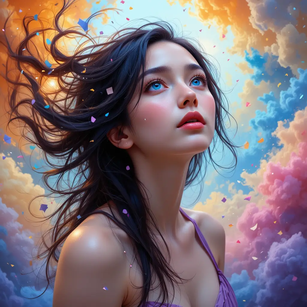 Young woman in colorful dreamlike digital fantasy portrait