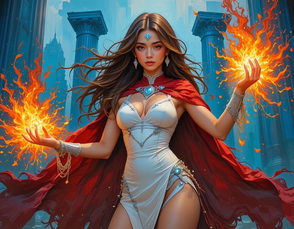 Fiery sorceress casting magic before ancient stone pillars
