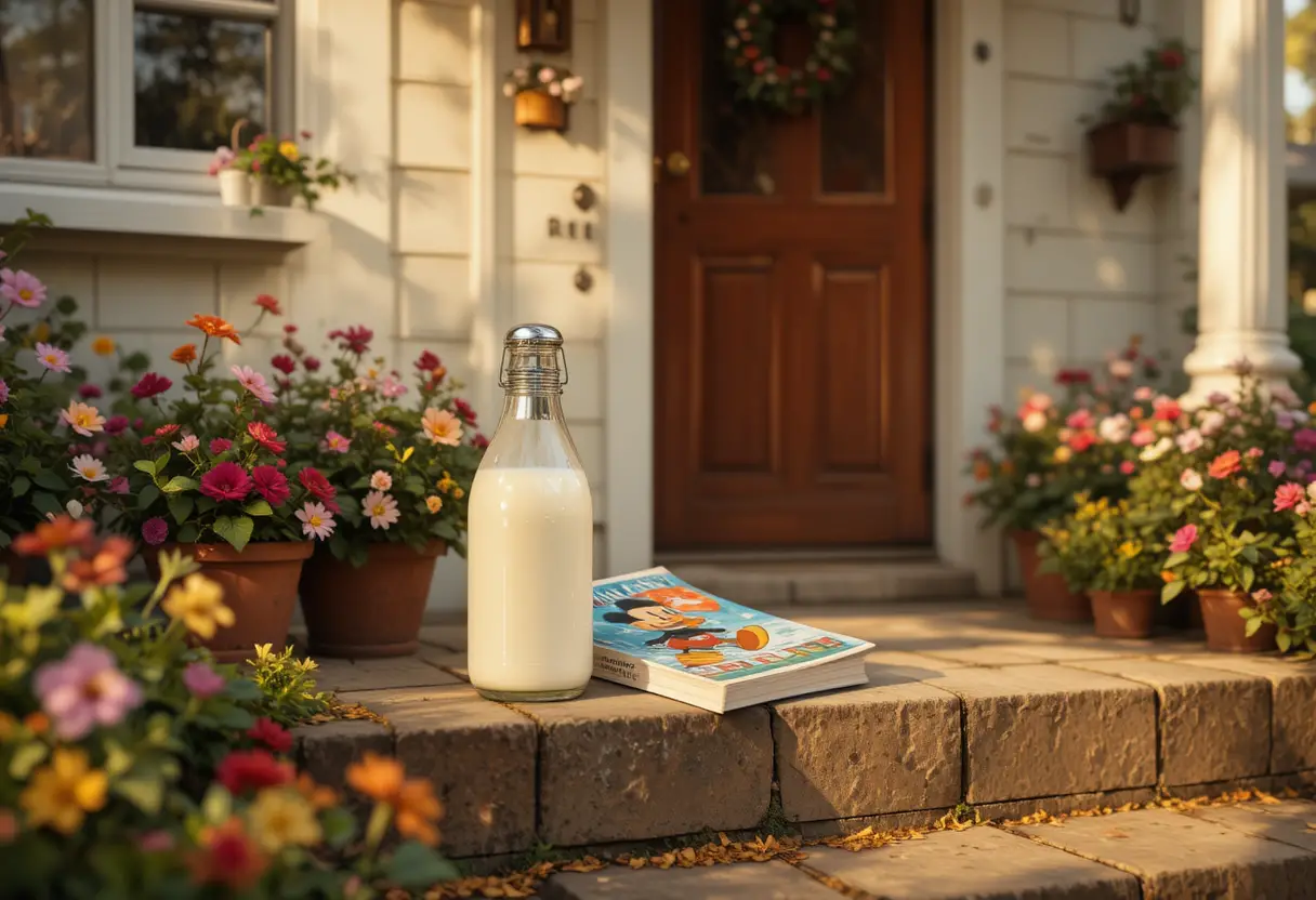 Vintage milk bottle on sunny house doorstep with magazine