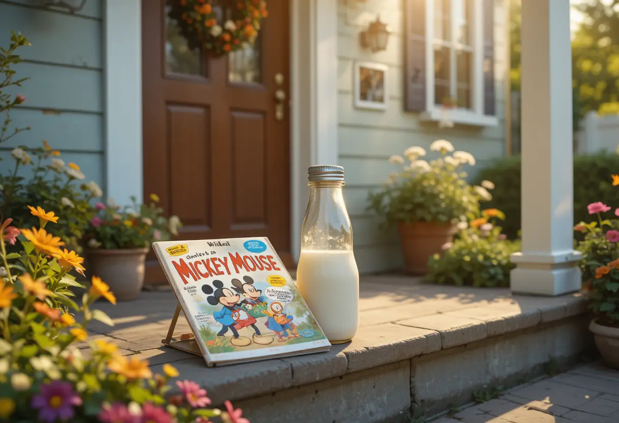 Vintage milk bottle and magazine on sunny doorstep