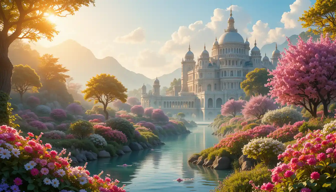 Palácio dourado à beira de um rio tranquilo em flor