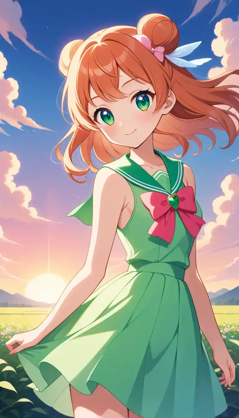 Anime girl with fluorescent red hair in sunrise outdoor scene