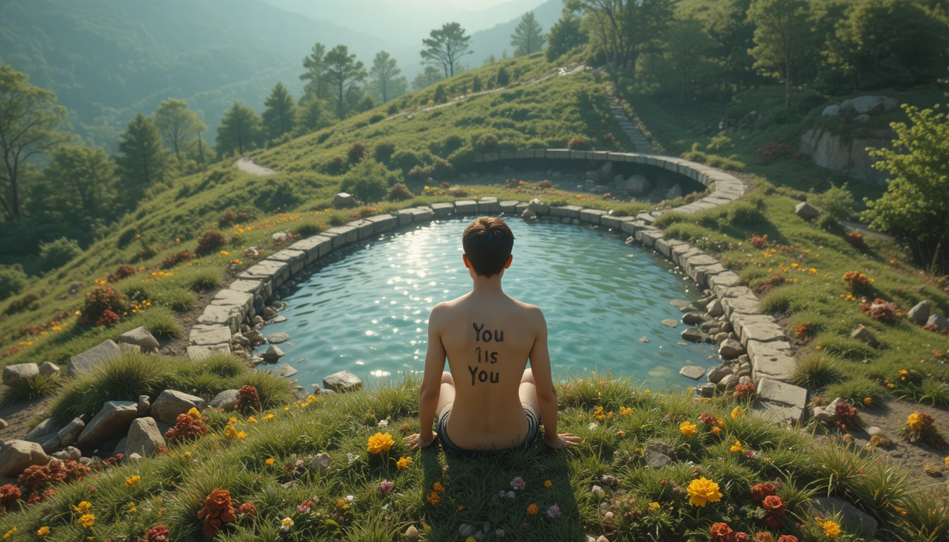 Junge sitzt an einem Pool auf einem Plateau aus grünem Gras