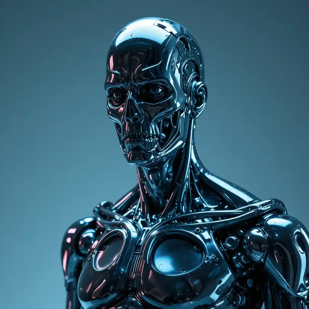 Metallic humanoid android in cool cinematic studio lighting
