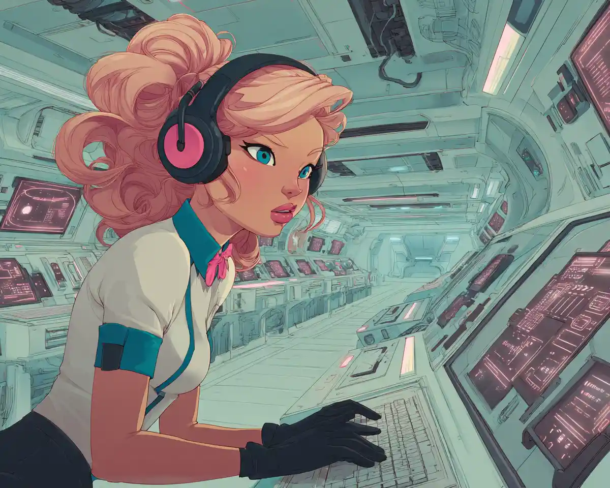 Anime operator at neon lit spaceship control bay