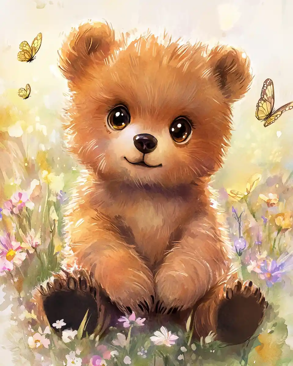 Cute baby brown bear in a whimsical watercolor meadow