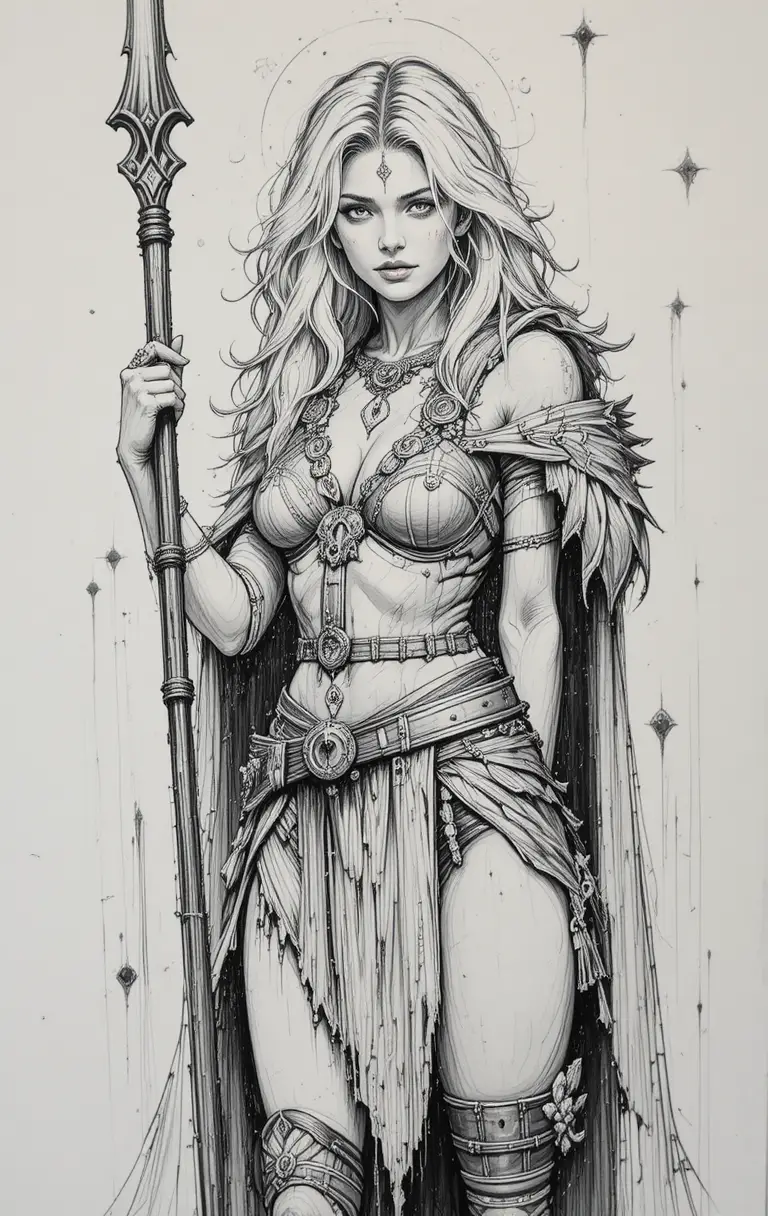 Fierce blonde warrior woman with skull and spear