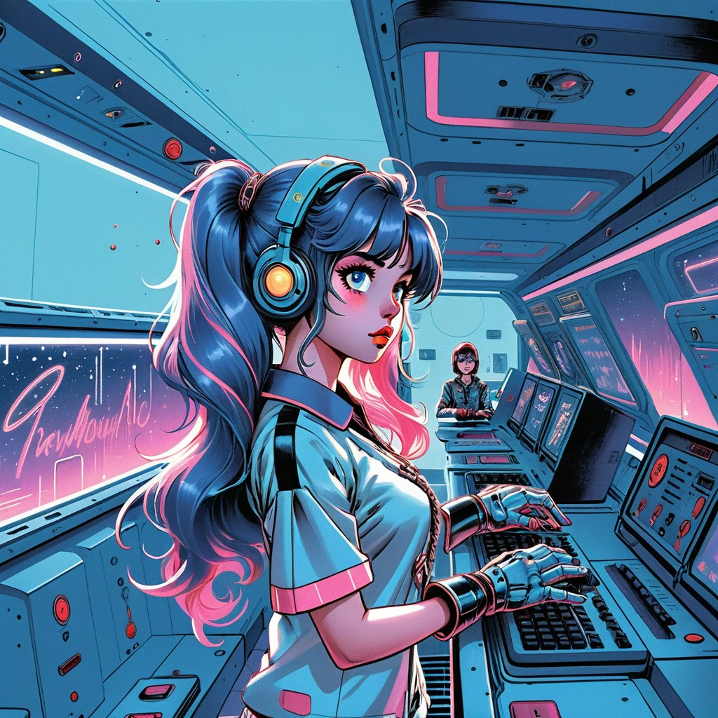 Operadora garota de anime em uma baía de controle de nave espacial iluminada por néon