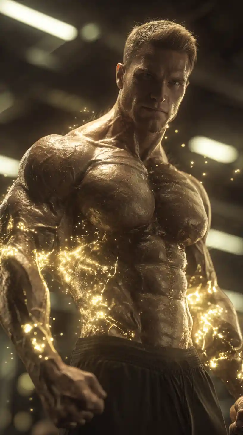 Muscular supervillain bodybuilder portrait in a dramatic gym