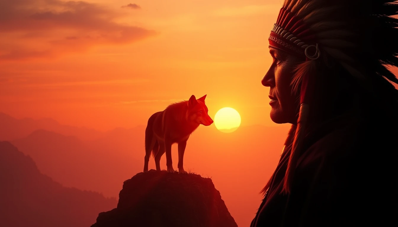 Surreal shaman portrait in silhouette with distant wolf