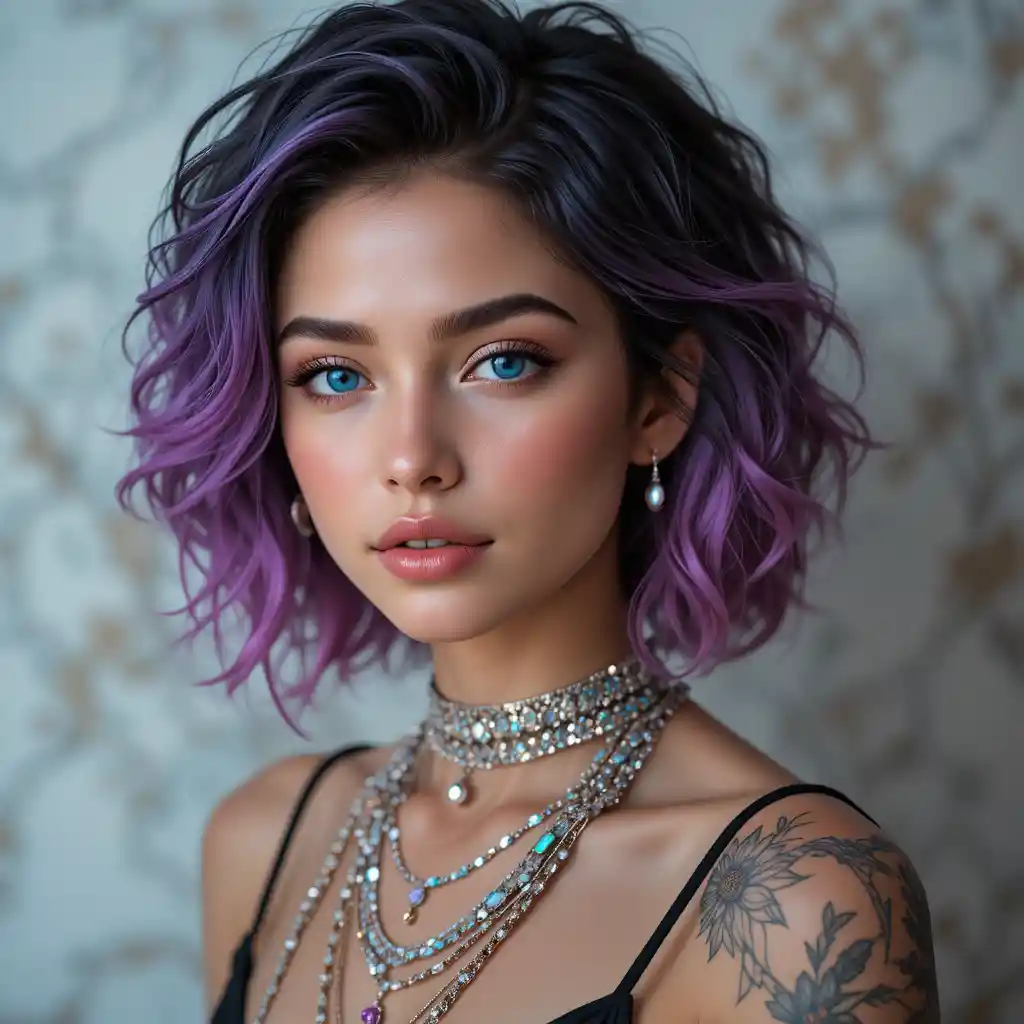 Porträt einer jungen Frau mit lebhaft violett-pink gewelltem Haar
