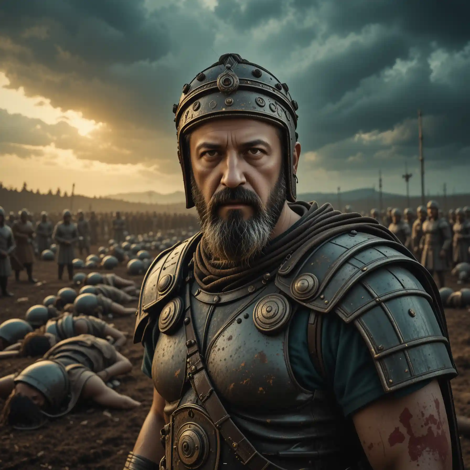Roman legionary standing on a devastated celtic battlefield