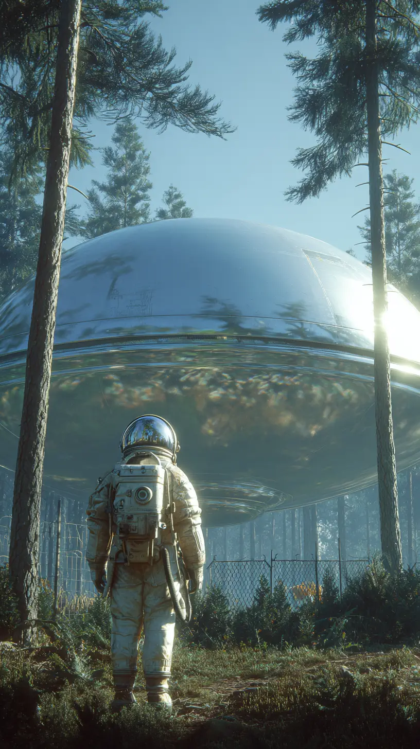 Flying saucer hovering above pine forest and suited primate