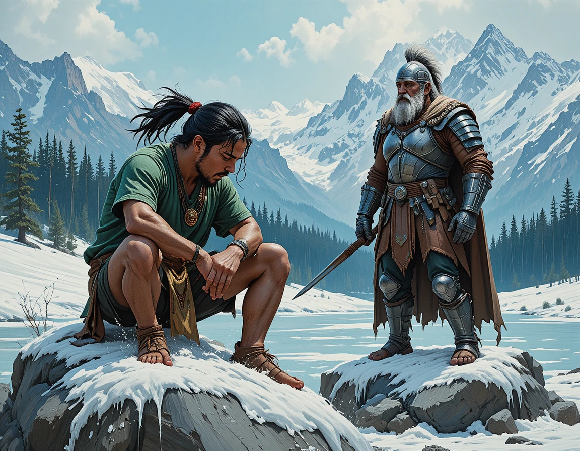 Warrior Confrontation On Icy Rock In Snowy Wilderness