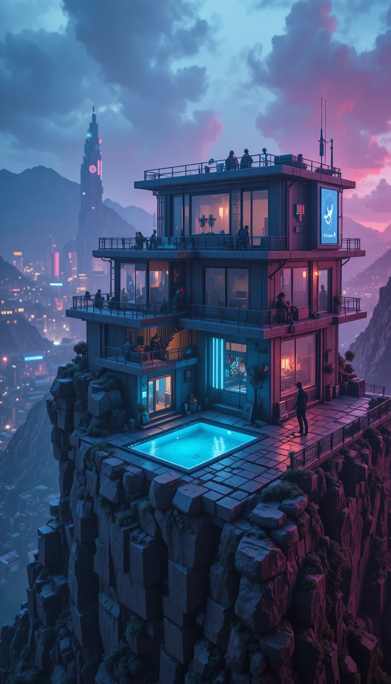 Futuristic voxel gamer villa overlooking a glowing neon city