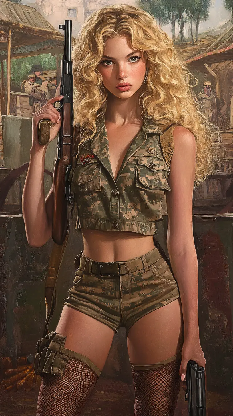 Cheeky blond army woman posing with rifle at barracks