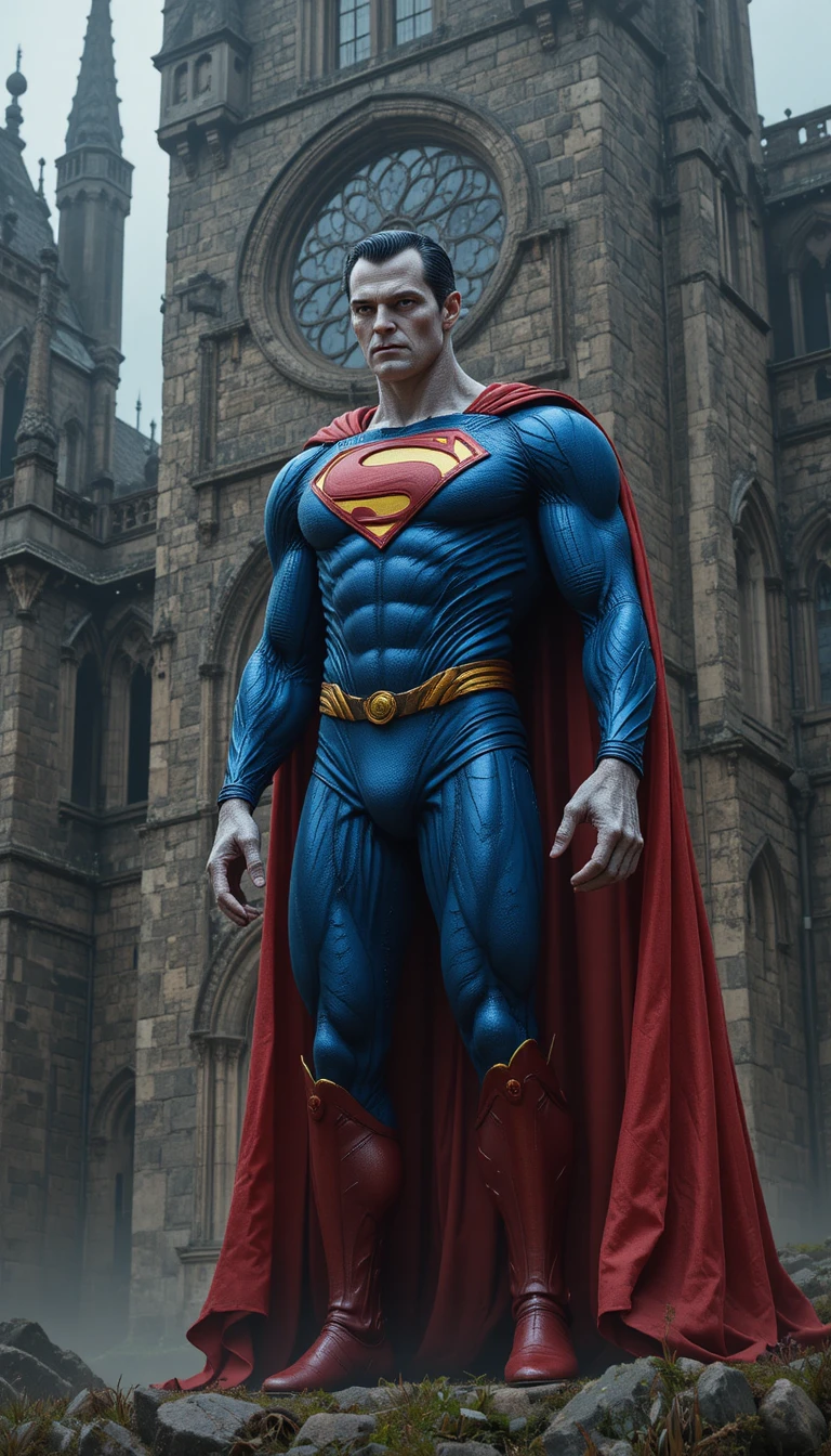 Frankenstein Monster In Superman Costume Beside Gothic Castle