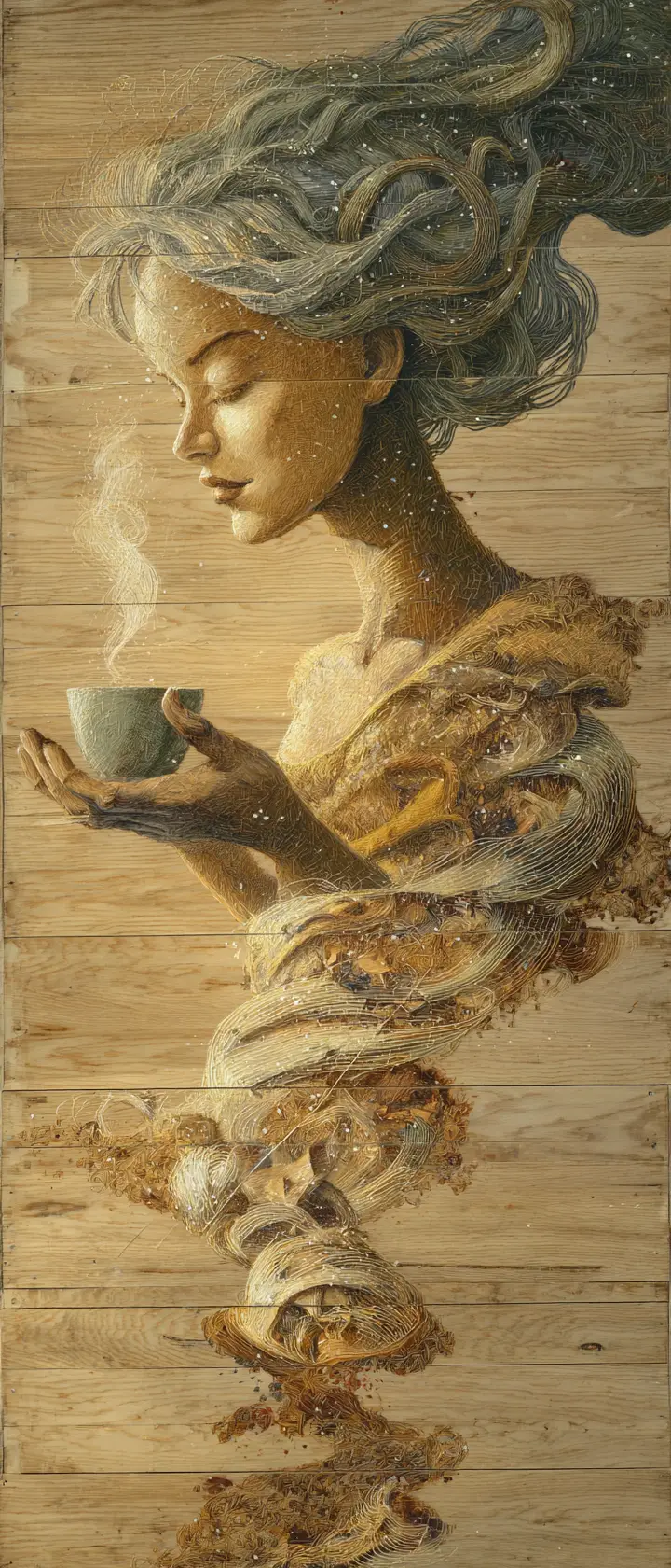 Magical woman dissolving into symbols of domestic warmth