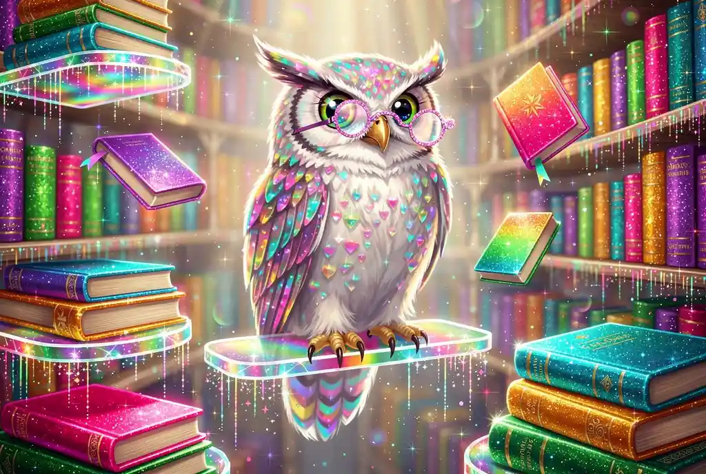 光り輝く虹色の幻想図書館の荘厳なフクロウ