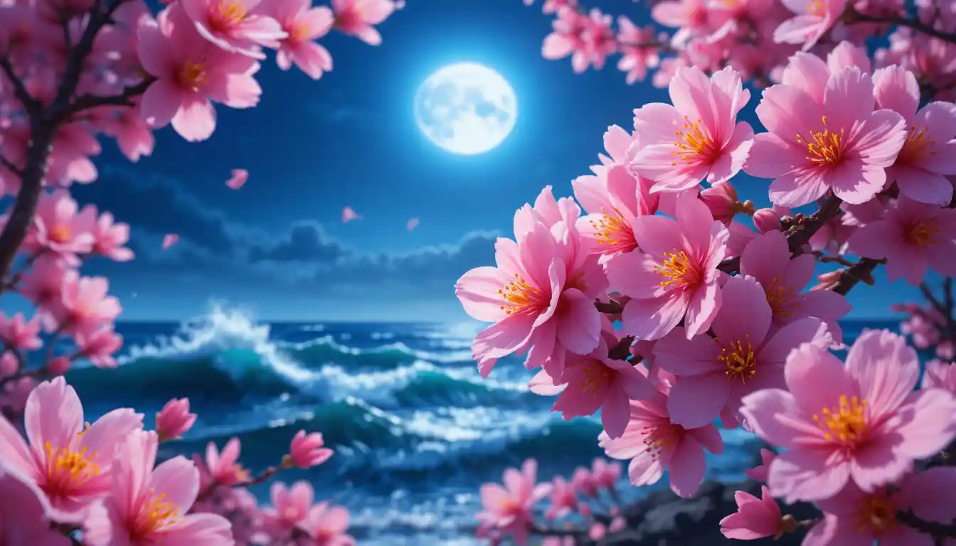 Cherry blossoms over moonlit ocean waves in digital art